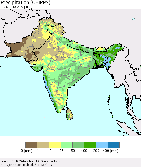 Southern Asia Precipitation (CHIRPS) Thematic Map For 6/1/2020 - 6/10/2020