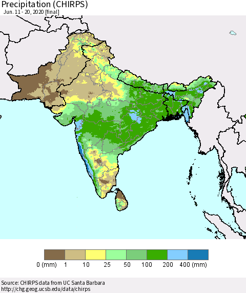 Southern Asia Precipitation (CHIRPS) Thematic Map For 6/11/2020 - 6/20/2020