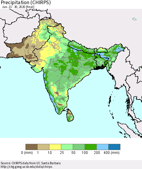 Southern Asia Precipitation (CHIRPS) Thematic Map For 6/21/2020 - 6/30/2020