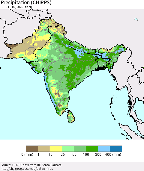 Southern Asia Precipitation (CHIRPS) Thematic Map For 7/1/2020 - 7/10/2020