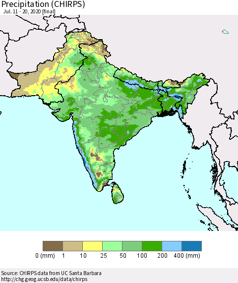 Southern Asia Precipitation (CHIRPS) Thematic Map For 7/11/2020 - 7/20/2020
