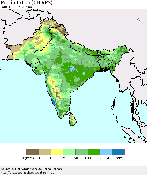 Southern Asia Precipitation (CHIRPS) Thematic Map For 8/1/2020 - 8/10/2020