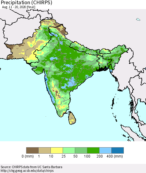 Southern Asia Precipitation (CHIRPS) Thematic Map For 8/11/2020 - 8/20/2020