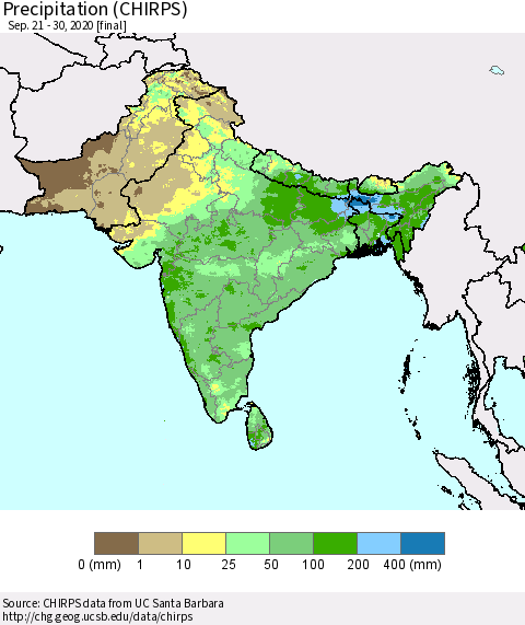 Southern Asia Precipitation (CHIRPS) Thematic Map For 9/21/2020 - 9/30/2020