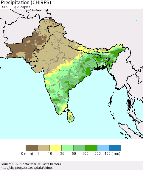 Southern Asia Precipitation (CHIRPS) Thematic Map For 10/1/2020 - 10/10/2020