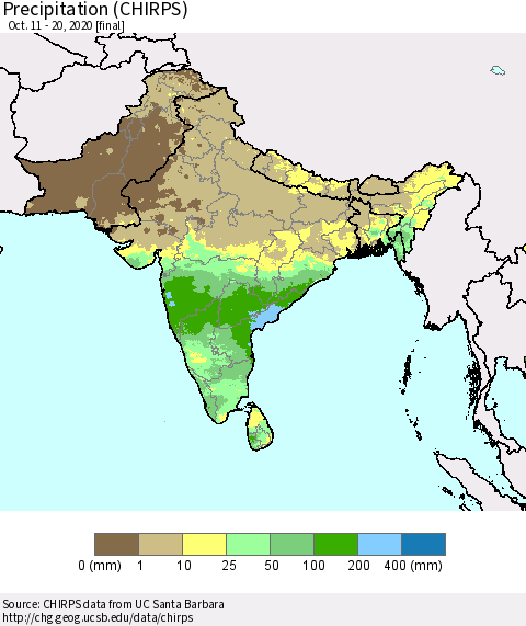 Southern Asia Precipitation (CHIRPS) Thematic Map For 10/11/2020 - 10/20/2020