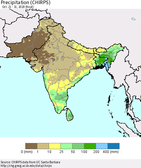 Southern Asia Precipitation (CHIRPS) Thematic Map For 10/21/2020 - 10/31/2020