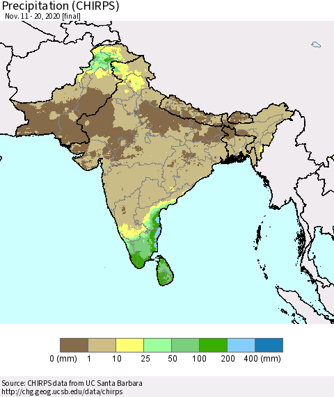 Southern Asia Precipitation (CHIRPS) Thematic Map For 11/11/2020 - 11/20/2020
