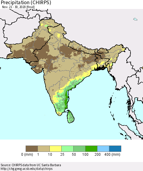 Southern Asia Precipitation (CHIRPS) Thematic Map For 11/21/2020 - 11/30/2020