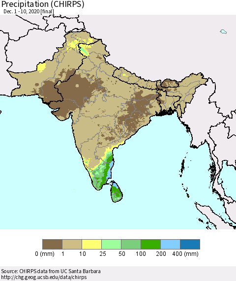 Southern Asia Precipitation (CHIRPS) Thematic Map For 12/1/2020 - 12/10/2020