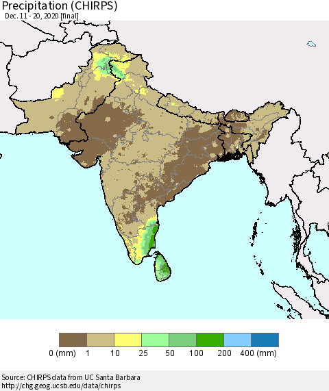 Southern Asia Precipitation (CHIRPS) Thematic Map For 12/11/2020 - 12/20/2020