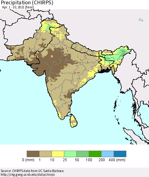 Southern Asia Precipitation (CHIRPS) Thematic Map For 4/1/2021 - 4/10/2021
