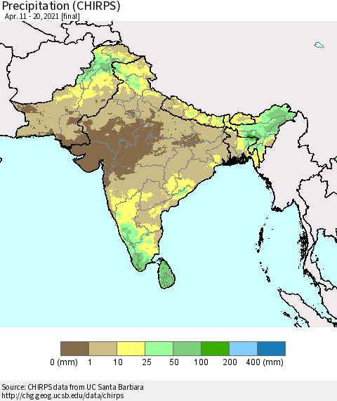 Southern Asia Precipitation (CHIRPS) Thematic Map For 4/11/2021 - 4/20/2021