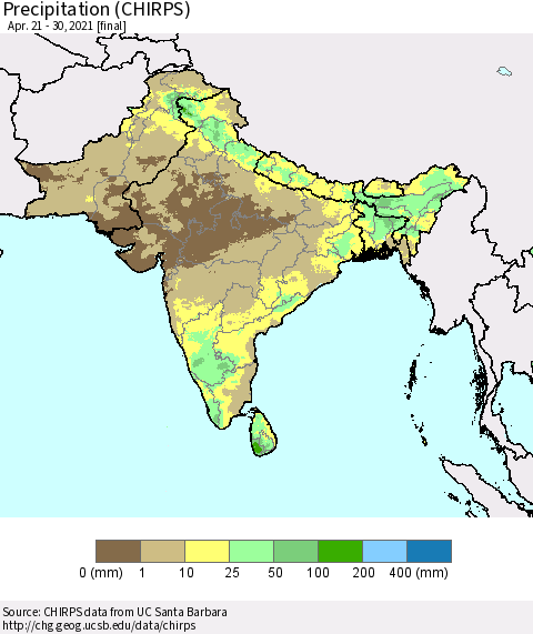 Southern Asia Precipitation (CHIRPS) Thematic Map For 4/21/2021 - 4/30/2021
