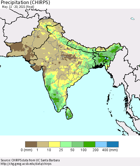 Southern Asia Precipitation (CHIRPS) Thematic Map For 5/11/2021 - 5/20/2021