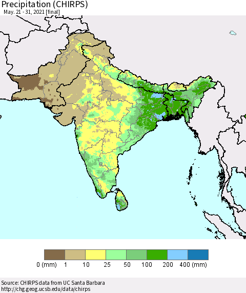 Southern Asia Precipitation (CHIRPS) Thematic Map For 5/21/2021 - 5/31/2021