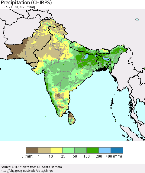 Southern Asia Precipitation (CHIRPS) Thematic Map For 6/21/2021 - 6/30/2021