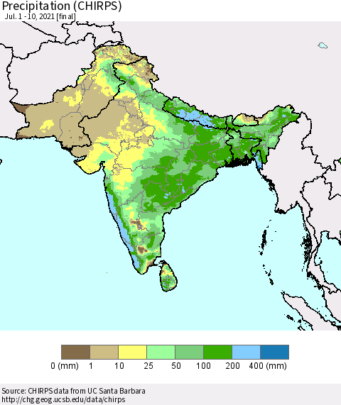 Southern Asia Precipitation (CHIRPS) Thematic Map For 7/1/2021 - 7/10/2021