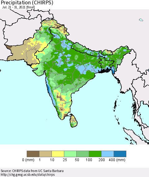 Southern Asia Precipitation (CHIRPS) Thematic Map For 7/21/2021 - 7/31/2021