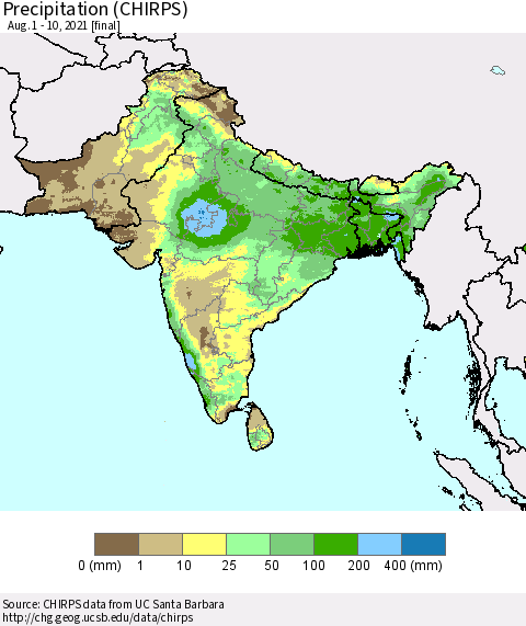 Southern Asia Precipitation (CHIRPS) Thematic Map For 8/1/2021 - 8/10/2021