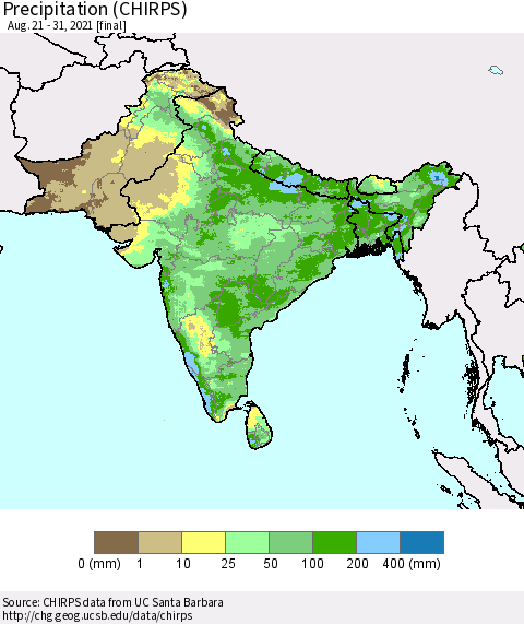 Southern Asia Precipitation (CHIRPS) Thematic Map For 8/21/2021 - 8/31/2021