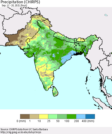 Southern Asia Precipitation (CHIRPS) Thematic Map For 9/11/2021 - 9/20/2021