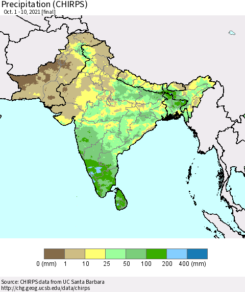 Southern Asia Precipitation (CHIRPS) Thematic Map For 10/1/2021 - 10/10/2021