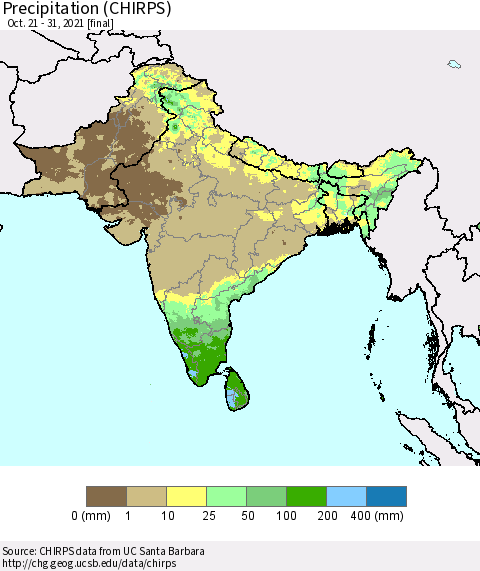 Southern Asia Precipitation (CHIRPS) Thematic Map For 10/21/2021 - 10/31/2021