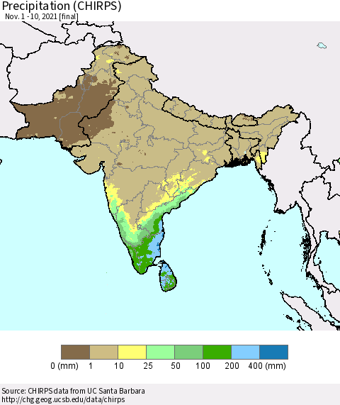 Southern Asia Precipitation (CHIRPS) Thematic Map For 11/1/2021 - 11/10/2021