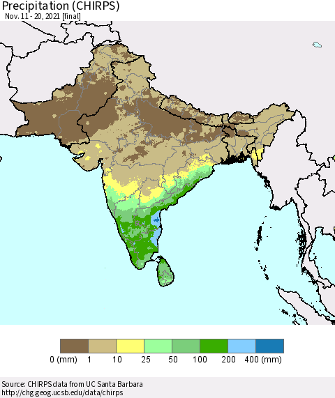Southern Asia Precipitation (CHIRPS) Thematic Map For 11/11/2021 - 11/20/2021