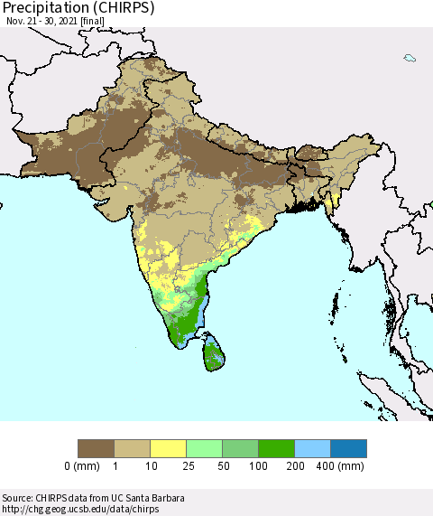 Southern Asia Precipitation (CHIRPS) Thematic Map For 11/21/2021 - 11/30/2021