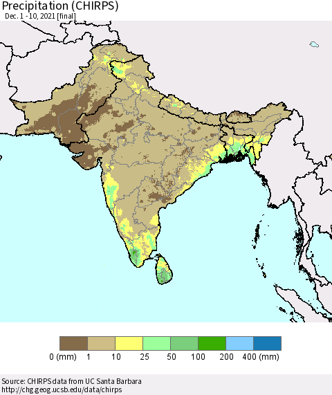 Southern Asia Precipitation (CHIRPS) Thematic Map For 12/1/2021 - 12/10/2021