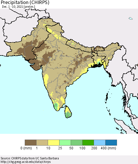 Southern Asia Precipitation (CHIRPS) Thematic Map For 12/1/2021 - 12/10/2021