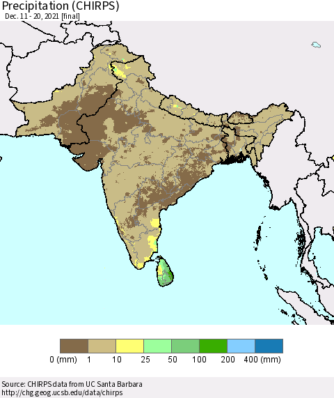 Southern Asia Precipitation (CHIRPS) Thematic Map For 12/11/2021 - 12/20/2021