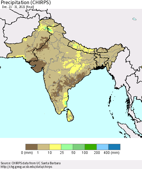 Southern Asia Precipitation (CHIRPS) Thematic Map For 12/21/2021 - 12/31/2021