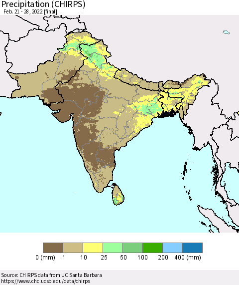 Southern Asia Precipitation (CHIRPS) Thematic Map For 2/21/2022 - 2/28/2022