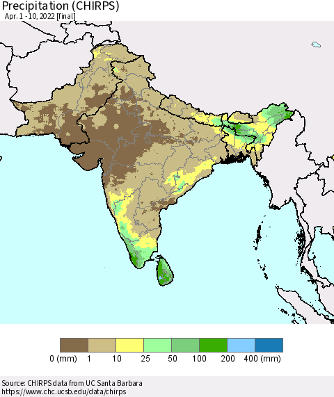 Southern Asia Precipitation (CHIRPS) Thematic Map For 4/1/2022 - 4/10/2022