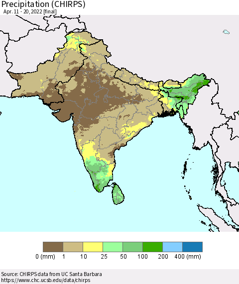 Southern Asia Precipitation (CHIRPS) Thematic Map For 4/11/2022 - 4/20/2022