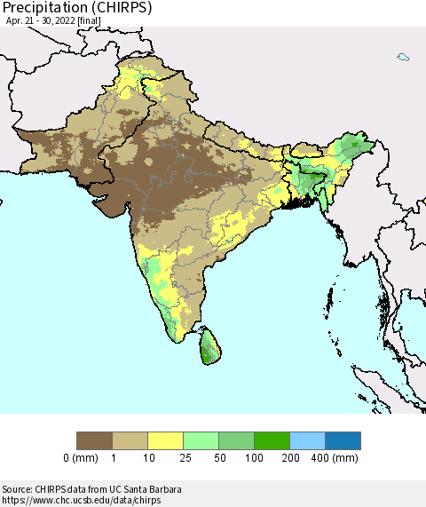Southern Asia Precipitation (CHIRPS) Thematic Map For 4/21/2022 - 4/30/2022