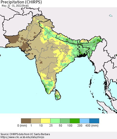 Southern Asia Precipitation (CHIRPS) Thematic Map For 5/21/2022 - 5/31/2022