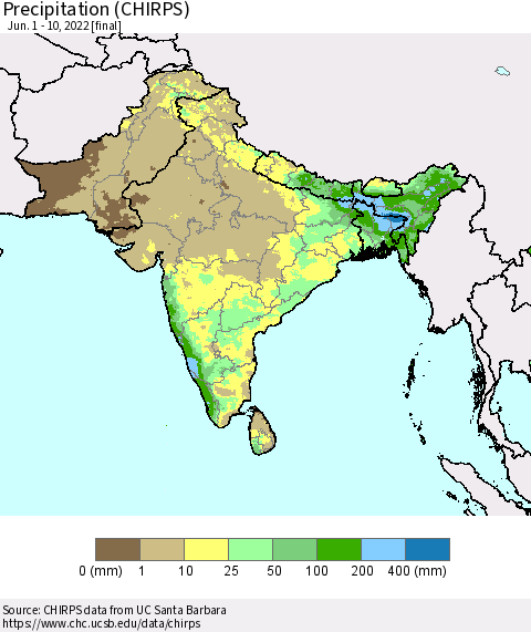 Southern Asia Precipitation (CHIRPS) Thematic Map For 6/1/2022 - 6/10/2022