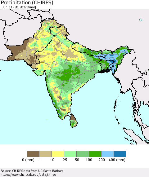 Southern Asia Precipitation (CHIRPS) Thematic Map For 6/11/2022 - 6/20/2022