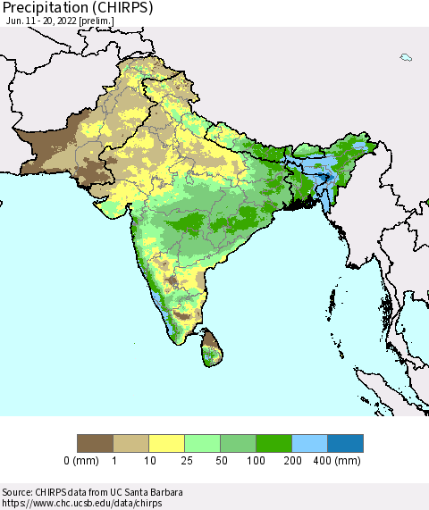Southern Asia Precipitation (CHIRPS) Thematic Map For 6/11/2022 - 6/20/2022