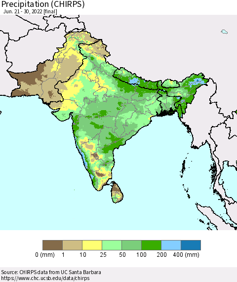 Southern Asia Precipitation (CHIRPS) Thematic Map For 6/21/2022 - 6/30/2022