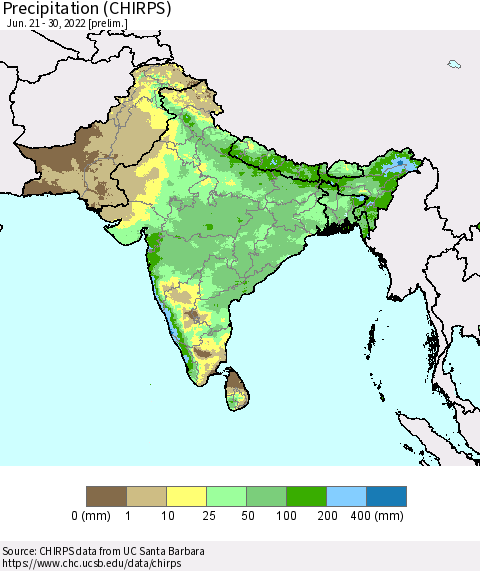 Southern Asia Precipitation (CHIRPS) Thematic Map For 6/21/2022 - 6/30/2022