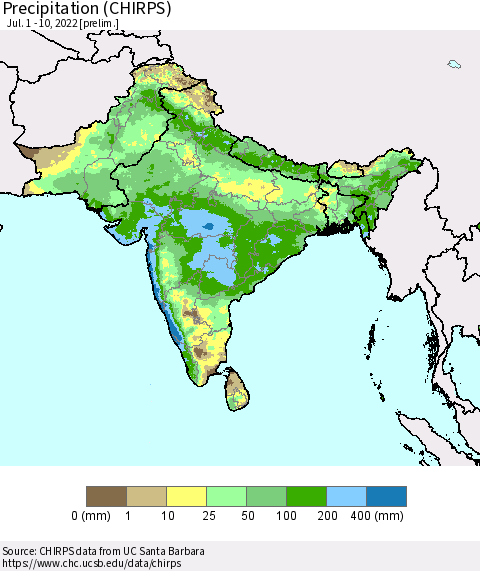 Southern Asia Precipitation (CHIRPS) Thematic Map For 7/1/2022 - 7/10/2022