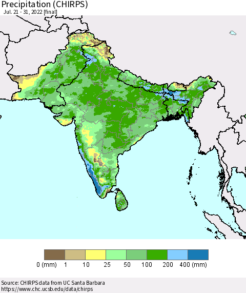 Southern Asia Precipitation (CHIRPS) Thematic Map For 7/21/2022 - 7/31/2022