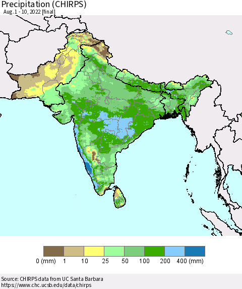Southern Asia Precipitation (CHIRPS) Thematic Map For 8/1/2022 - 8/10/2022