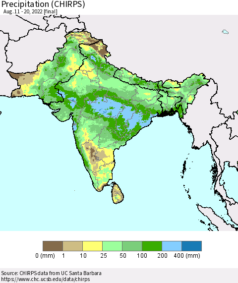 Southern Asia Precipitation (CHIRPS) Thematic Map For 8/11/2022 - 8/20/2022