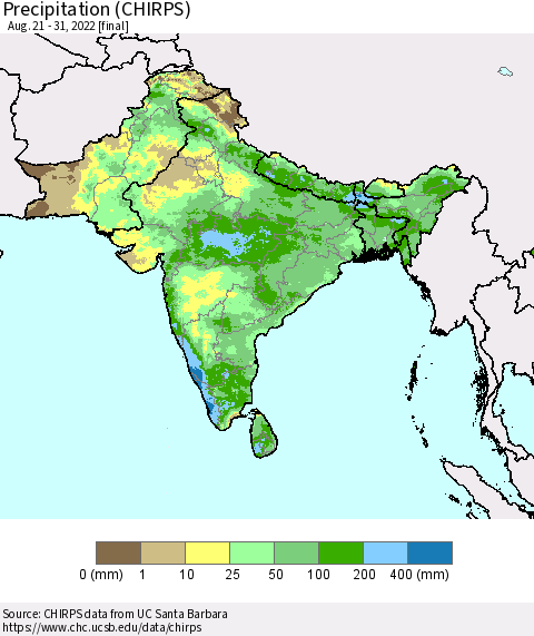 Southern Asia Precipitation (CHIRPS) Thematic Map For 8/21/2022 - 8/31/2022